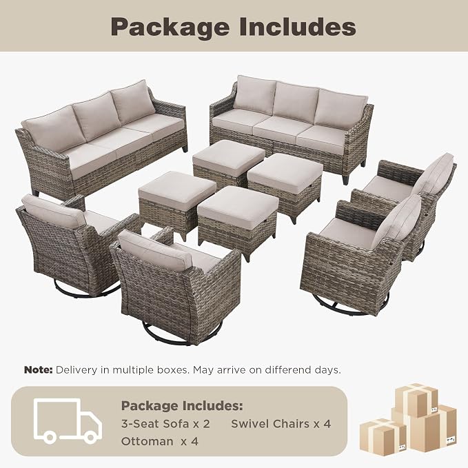 Belord Patio Wicker Swivel Rocker Patio Chairs with 3-Seater Sofa, Outdoor Rattan Chairs for Deck Porch Poolside, 10 Piece Patio Conversation Furniture Set,Beige