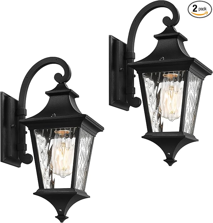 Emliviar 2-Pack Farmhouse Lantern Wall Sconces, 15" Wall Mount Outdoor Lights, Black Finish with Water Ripple Glass, XE292B-2PK-SW BK