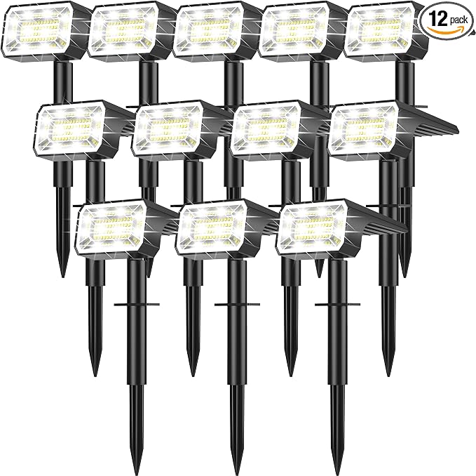 Solar Spot Lights Outdoor, 12 Pack Solar Landscape Lights with 100 LEDs Each, 4 Lighting Modes, IP65 Waterproof, 2-in-1 Adjustable Solar Spotlights for Yard Garden Pathway Driveway(Cool White)