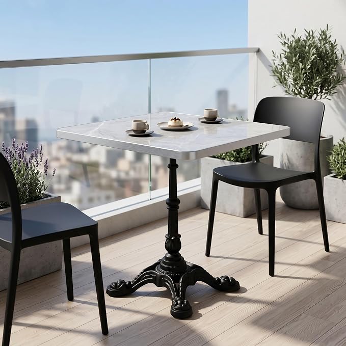 31.5" Square Outdoor Patio Dining Bistro Table, Sintered Stone Top | Glossy sintered stone top, cast iron tulip base, compact size for patio, balcony, garden, or café use, 2-4 People Dining