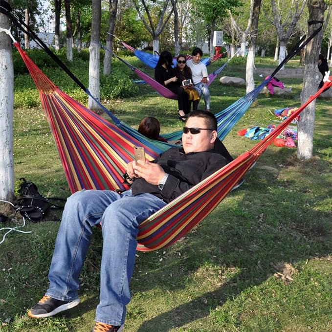 Kichvoe Double Thickened Canvas Hammock Swing for Outdoor Camping, 280x150cm Red Hanging Sleeping Bed with Two Rope Straps and Carry Bag, Suitable for Garden and Patio Relaxation