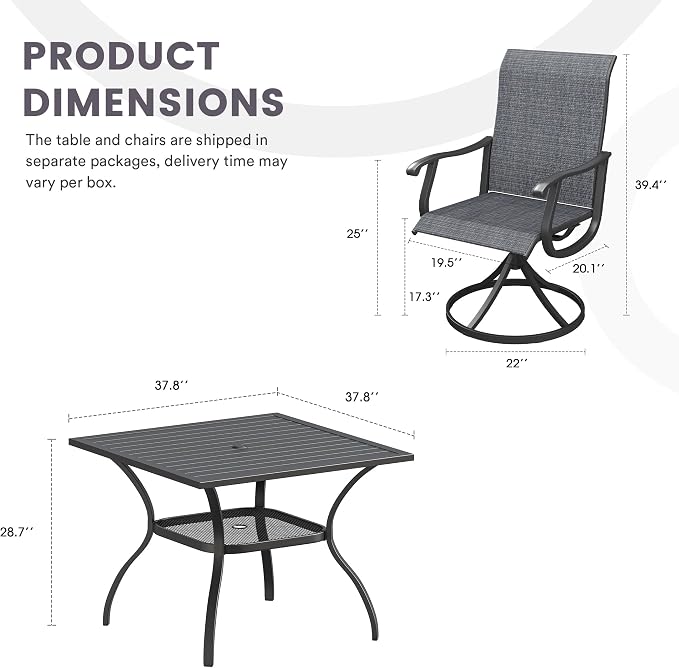 5 Pieces Patio Furniture Dining Set, 4 Textilene Swivel Dining Chairs, 38" Outdoor Square Metal Table with Storage Shelf and 1.57" Umbrella Hole, Outdoor Dining Set for Porch, Lawn, Black/Black