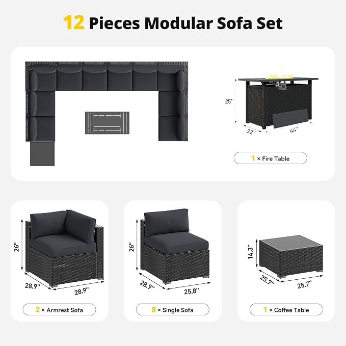 Aoxun Patio Furniture Set with Fire Pit Table, 12 Piece Outdoor Sectional Sofas, 10 Seats Wicker Rattan Outdoor Furniture with Thickened Cushion for Backyard, Garden Dark Grey
