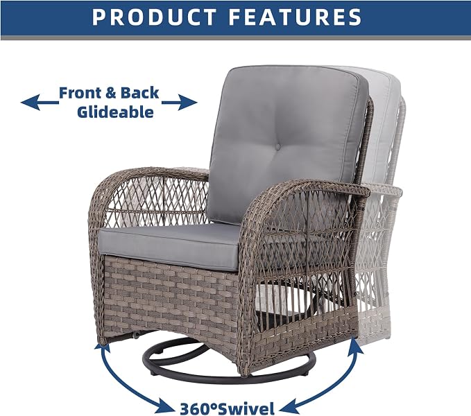 3-Piece Patio Wicker Conversation Bistro Set, Rattan Gliding Rocking Swivel Chairs with Cushion and Glass Top Side Table Outdoor Furniture Sets for Garden Backyard, Grey