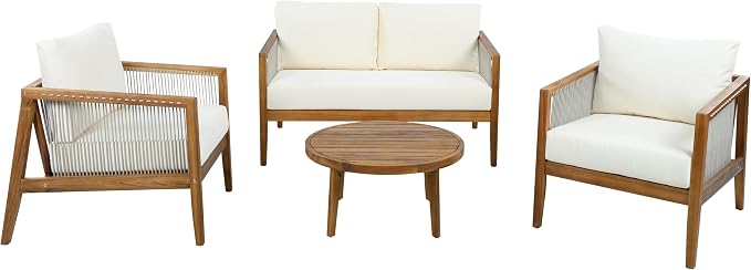 Christopher Knight Home Lalulu 4-Seater Patio Furniture Set with Cushion, 4 Piece Outdoor Acacia Wood Conversation Set, Sold Wood Outdoor Sectional Sofa Set with Coffee Table, Teak+Beige