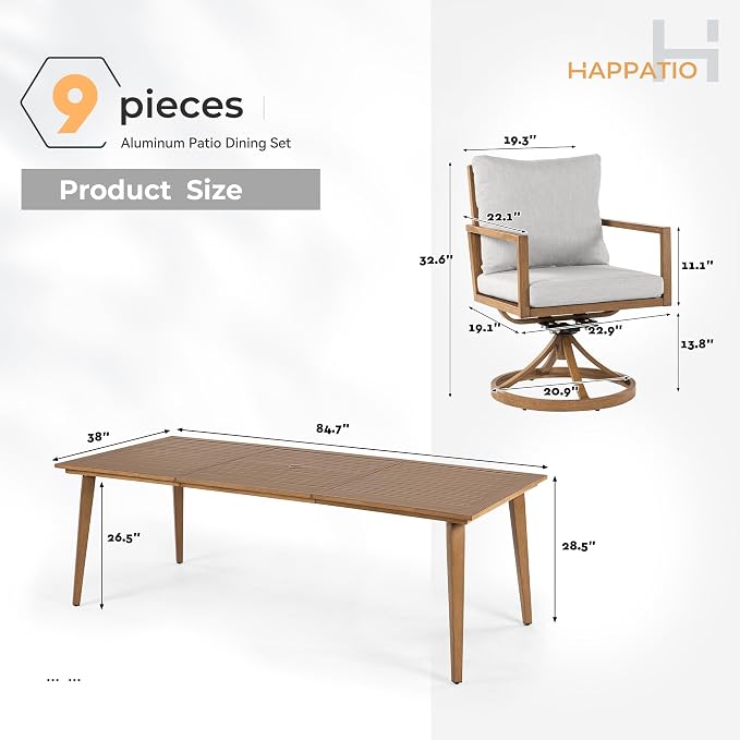 HAPPATIO Outdoor Dining Set, 9-Piece Patio Aluminum Dining Set with Wood-Like Hand-Painted Finish, 8 Swivel Rockers with Waterproof Cushions, Easy Assembly for Backyard, Garden, Porch,Grey Cushion