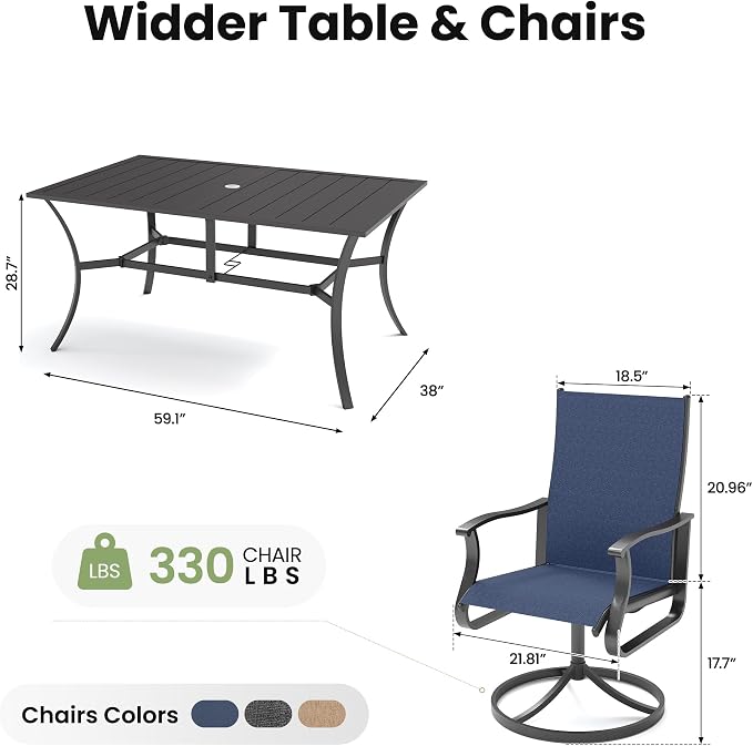 Amopatio 7 Pieces Patio Dining Set for 6, Outdoor Table and Chairs, 6 All Weather Swivel Patio Chairs, 59" Patio Spliced Rectangular Table with Umbrella Hole, for, Backyard & Poolside, Navy Blue