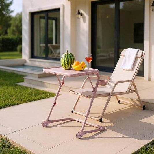 Homy Casa Folding Patio Dining Table Portable Coffee Desk with Adjustable Height Tilt Top and Cup Holder for Garden Balcony and Terrace (Pink)