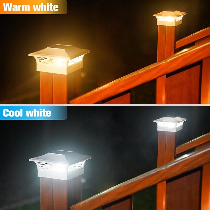 VOLISUN Solar Post Cap Lights: 4 - Pack Outdoor Deck Post Cap Lights White for Dock Fence Waterproof 2 Color Modes,4x4/6x6 Wooden/Vinyl Posts