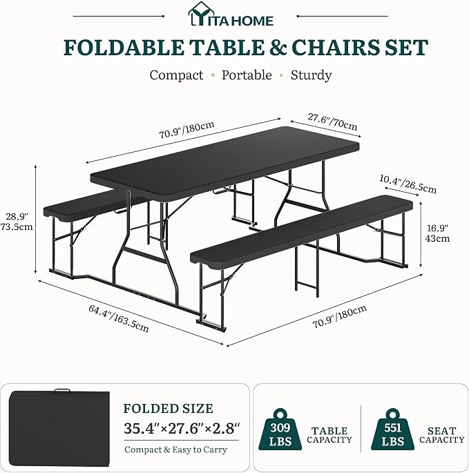 YITAHOME 6ft Folding Picnic Table with Benches, Heavy Duty 6 ft Picnic Tables for Outdoors, Portable Outdoor Table with Center Lock & Non-Slip Feet for Backyard, Camping, Beach, Black