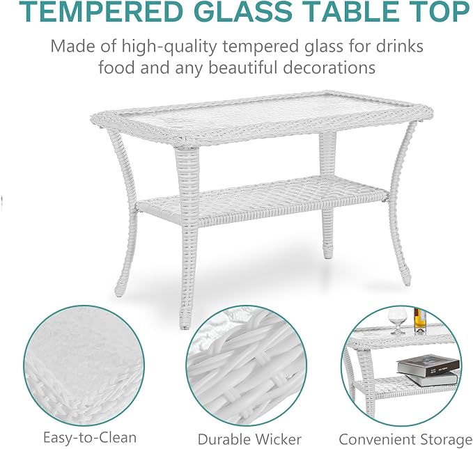 MEETWARM 4 Pieces Outdoor Wicker Patio Conversation Sets with Glider Loveseat, 2 Chairs with Coffee Table Wicker Rocking Glider Set, Rattan Conversation Set with Thickened Cushions, White/Beige