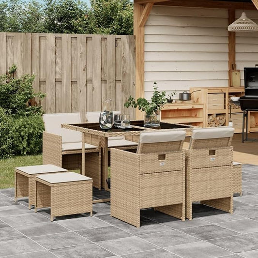 9 Piece Patio Dining Set with Cushions Beige Poly Rattan Outdoor Furniture Table Chairs Stools Foldable Space Saving Tempered Glass Top UV Proof for Garden Backyard Porch