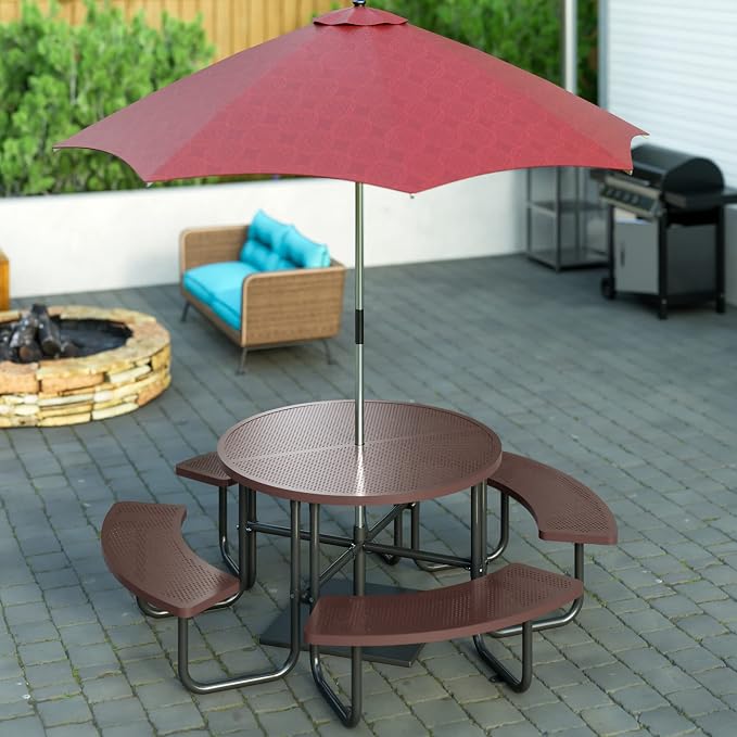 46'' Round Outdoor Metal Picnic Table Expanded,Lifetime Steel Picnic Table with Umbrella Hole,Heavy Duty Sturdy Commercial for Patio, Backyard, Garden, DIY (Includes 4 Built-in Benches),Coffee
