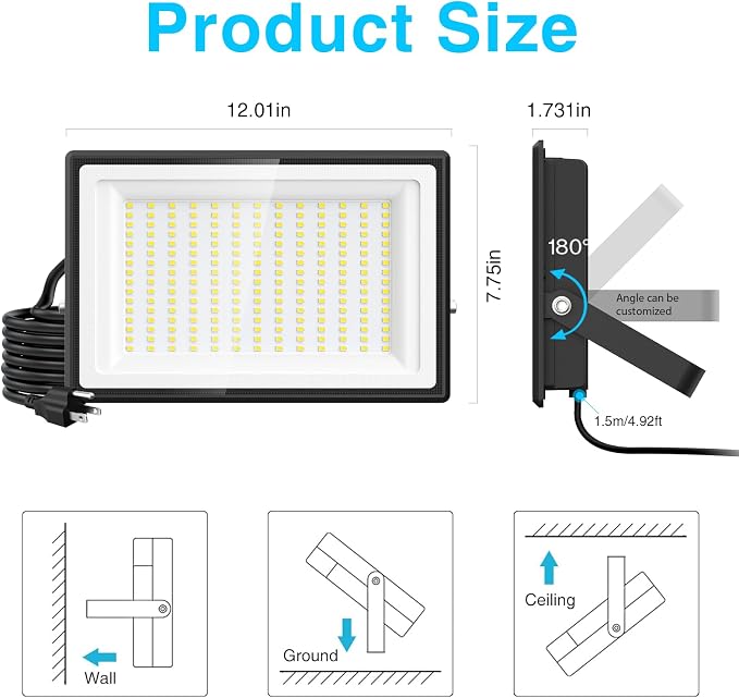 Olafus 2 Pack 200W LED Flood Light Outdoor, 18000LM Super Bright IP66 Waterproof Exterior Security Lights with Plug, 6500K Daylight White Exterior Floodlights for Stadium Yard Barn