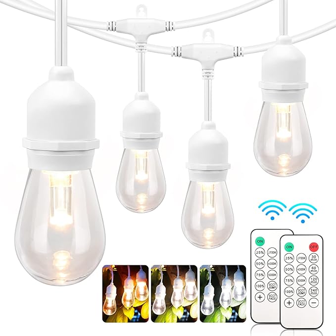 3 Colors 48FT Outdoor String Lights with Remote, 3 Modes, White | Plug in, Jump/Fade/Static Modes, 2700K/4000K/5000K, 15 S14 Bulbs, Waterproof, Dimmable, for Wedding Birthday Party Decor