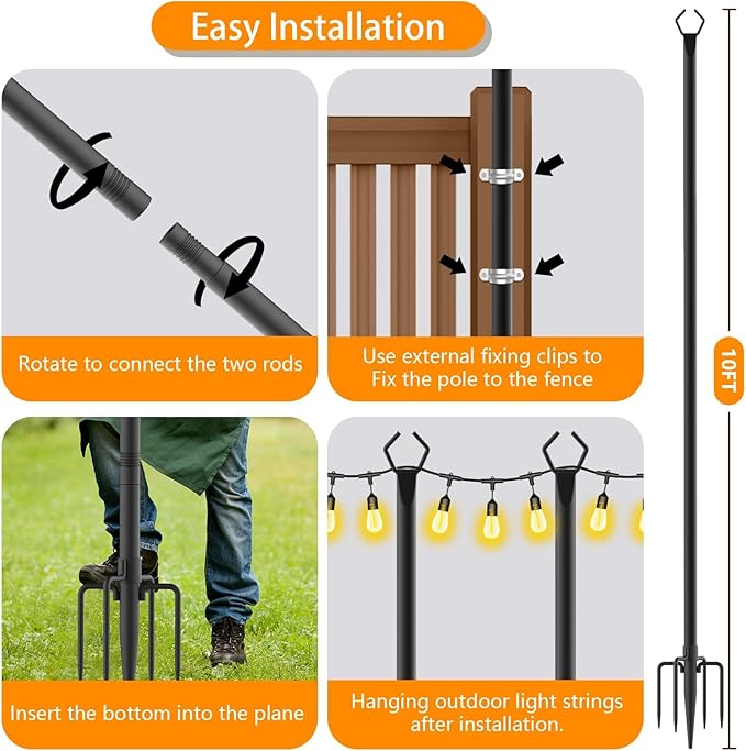 10 Pack 10 FT String Light Poles,Metal with Fork Lights Poles for Outdoor String Light, Rustproof Heavy Duty for Outside Garden,Patio,Wedding,Backyard,Deck,Party