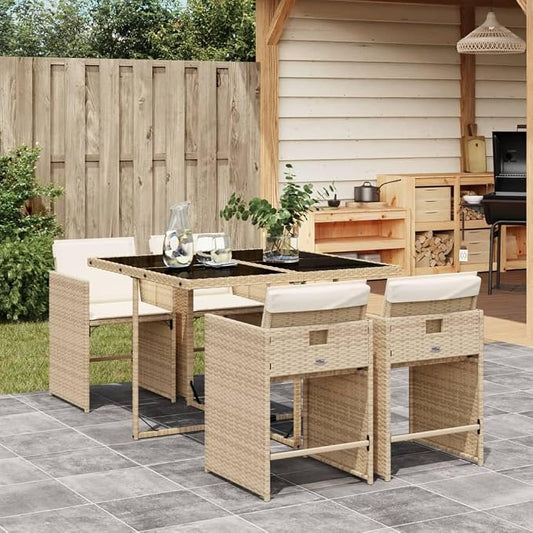 5-Piece Patio Dining Set with Cushions Beige Poly Rattan Outdoor Furniture Set for Backyard, Balcony, Porch - Tempered Glass Table & Foldable Chairs