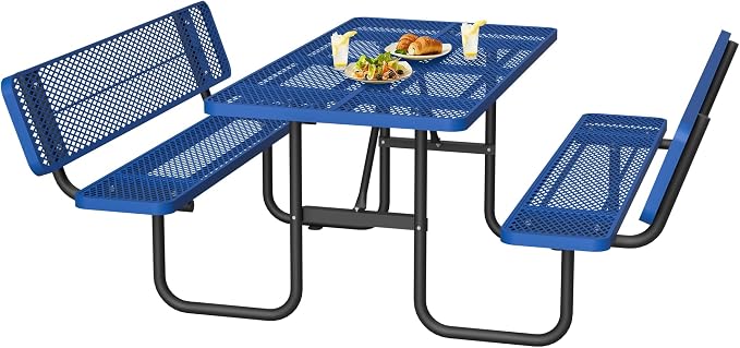 Outdoor Picnic Table with Umbrella Hole-Coated Steel Heavy Duty Commercial Grade Dining Table with Back Seat,Commercial Metal Picnic Table, Heavy Duty Rectangular Furniture Set for Life
