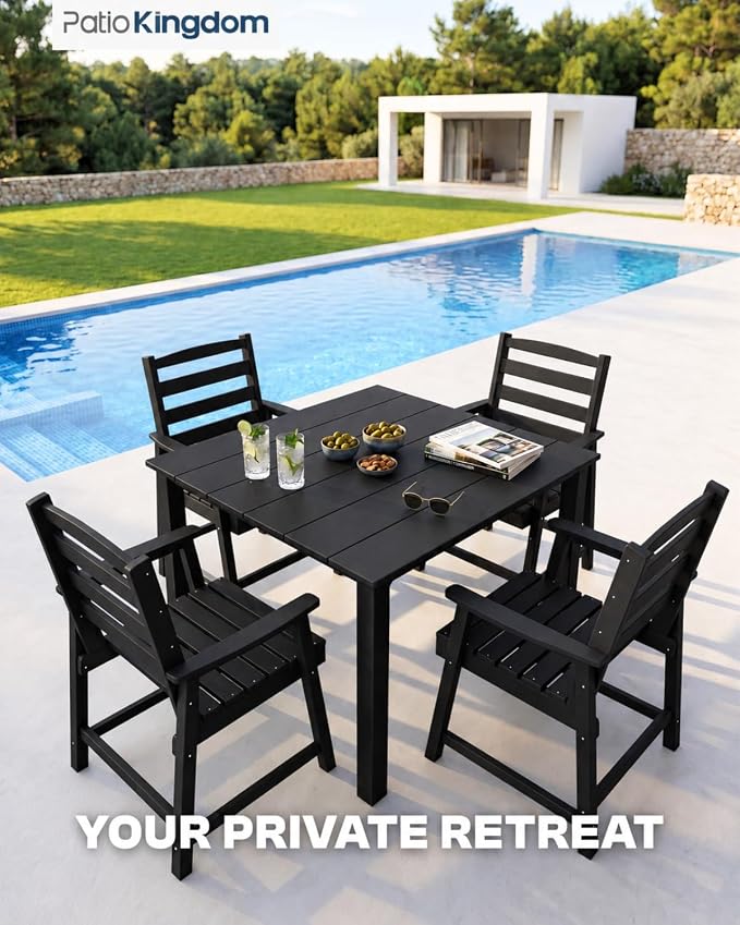 HDPE Outdoor Dining Set for 4 with 10FT Umbrella, Black | All-Weather HDPE, Wood Grain Finish, 42.5" Square Table, Built-In Umbrella Hole, Seats 4, Patio & Poolside Ready