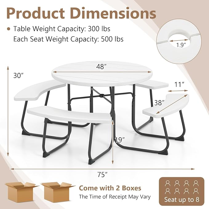 Moccha Picnic Table Bench Set - Outdoor Table and Chairs with Umbrella Hole, HDPE Tabletop & Metal Frame, Dining Table Set, Outdoor Camping Table for Garden Backyard Porch Patio Table Set (White)