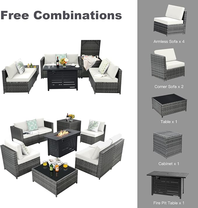 Tangkula 9 Pieces Patio Rattan Furniture Set, Patiojoy Sectional Sofa Set w/Storage Box, Coffee Table, Outdoor Wicker Conversation Set w/ 42” ETL Approved Propane Fire Pit Table (White)