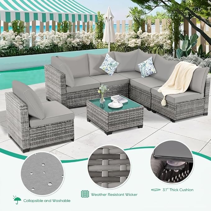 7 Pieces Outdoor Patio Furniture Set, All-Weather Sectional Sofa | Light Grey Wicker Conversation Set with Glass Table and Cushions | PE Rattan Weaving | Ideal for Patio, Pool, Balcony
