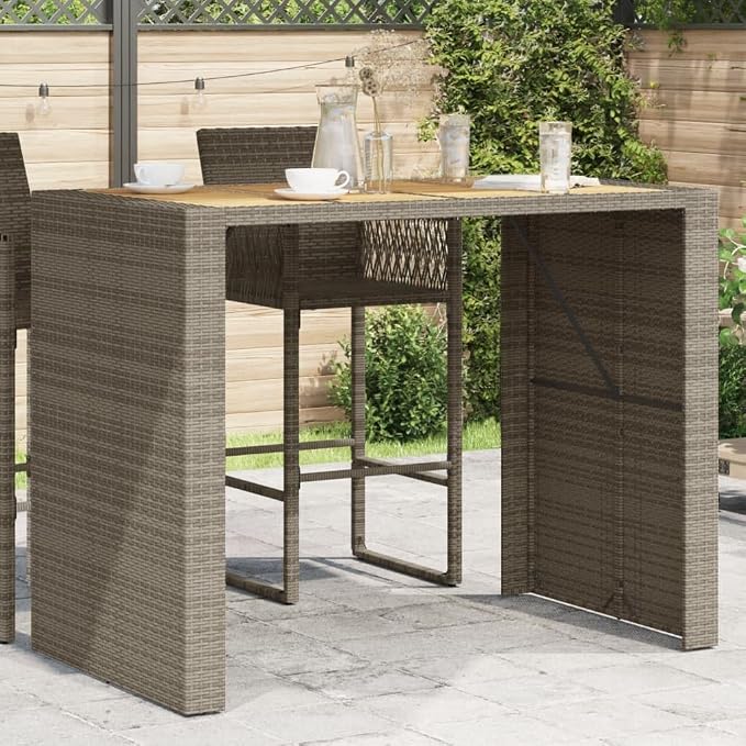 Grey Rectangular Bar Table Solid Acacia Wood Top Powder Coated Steel Frame Modern Outdoor Furniture for Garden Patio Balcony