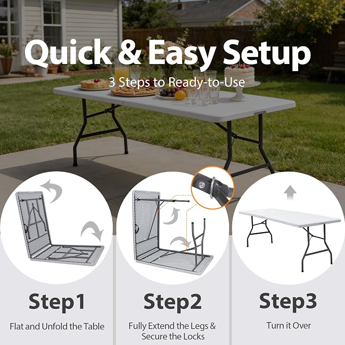 SUPER DEAL 8FT Folding Picnic Table for Indoor Outdoor, Portable Fold-in-Half Plastic Dining Camping Party Table with Carrying Handle