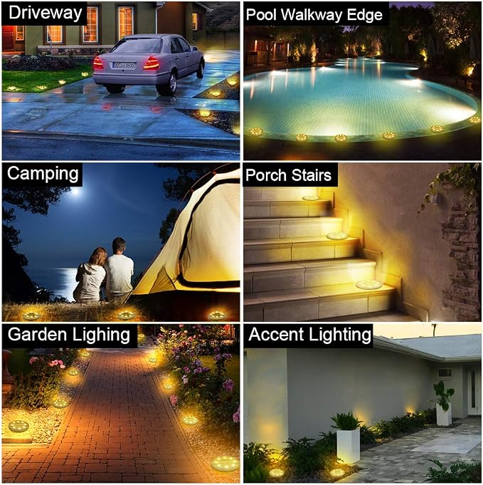 Solar Powered 8 Pack Outdoor LED Disk Lights - IP68 Waterproof, Non-Slip, Wear-Resistant Pathway Lights (Warm White)