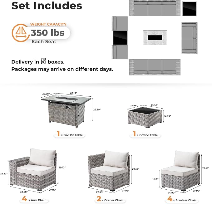 ovios 13 Pieces Patio Furniture Set, Outdoor Wicker Sectional Sofa with 42 Inch Fire Pit Table Comfy Cushions, Modern Modular Deep Seat Rattan Couch Conversation Set, Beige