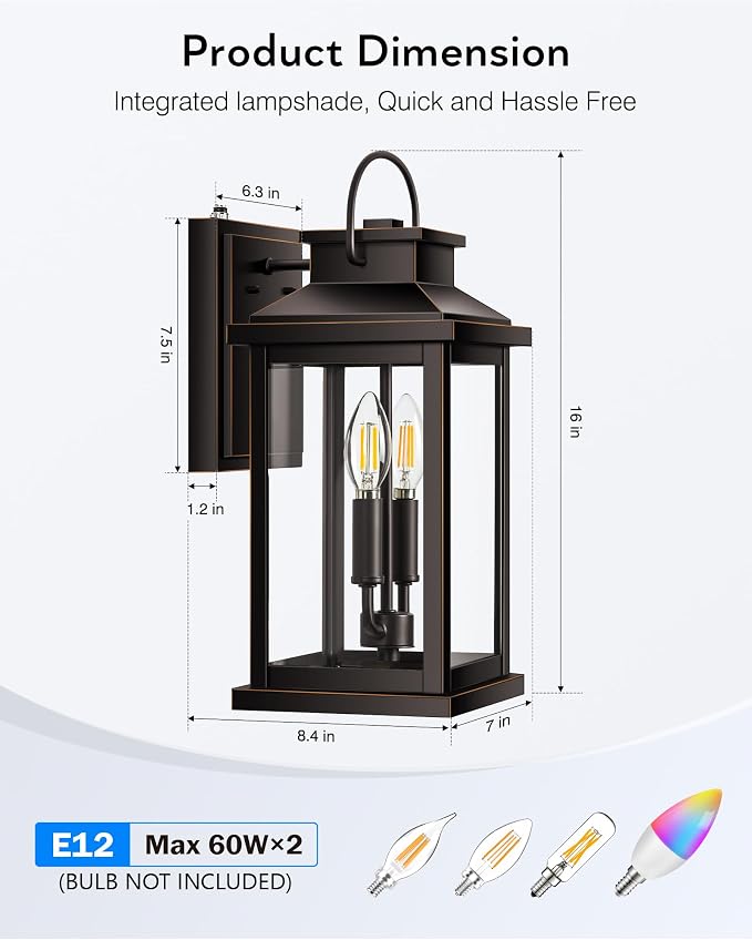VIANIS Large Dusk to Dawn Outdoor Light Fixture Wall Mount, Waterproof | Anti-rust, Front Door Exterior Wall Sconce Lantern ORB Gold Trim, Farmhouse Outside Wall Lights for House Patio Garage