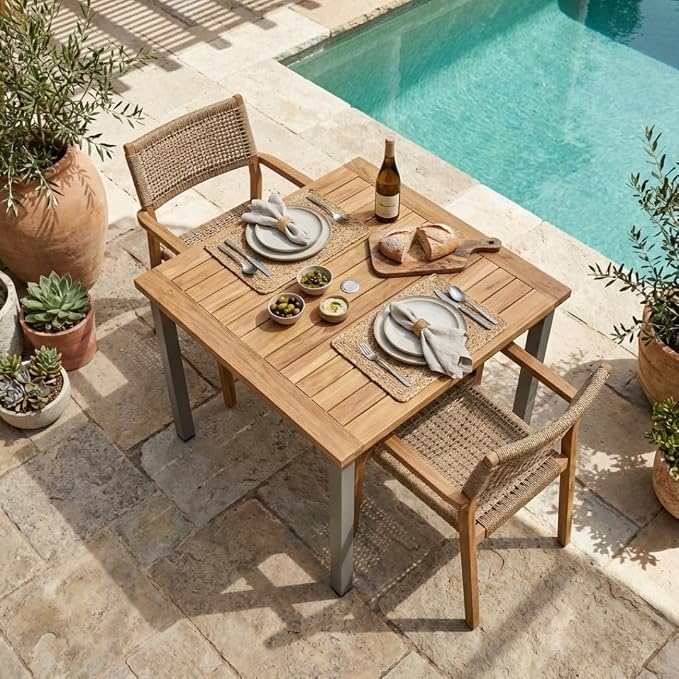 Hives & Honey Catalina Square Outdoor Dining Table, Grade-A Teak Wood Patio Table with Aluminum Base, 35.4", Seats 2–4, Grey