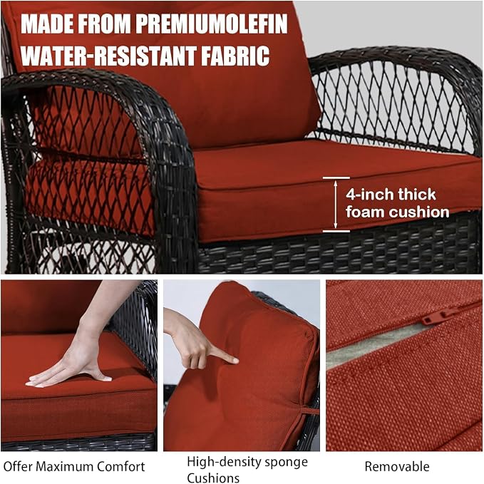 3 Piece Outdoor Swivel Rocker Patio Chairs, All-Weather Rattan Chair, Wicker Glider Patio Furniture Set with Side Table, for Garden, Backyard, Deck, Red