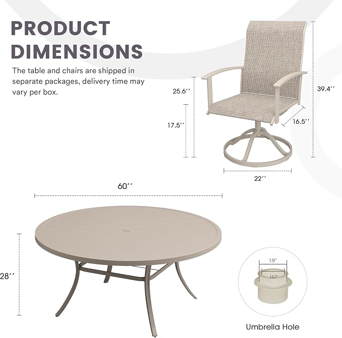 9 Pieces Outdoor Patio Dining Table Set, 60" All Weather Round Metal Table with Umbrella Hole and 8 High Back Textilene Swivel Chairs for Garden, Lawn, Poolside, Sandshell