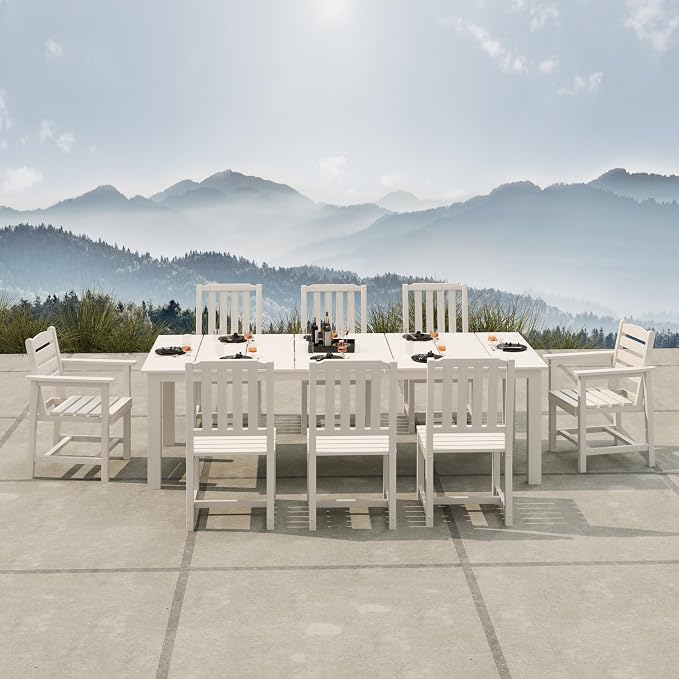 Kingdura 9 Piece Patio Dining Set for 8, HDPE Outdoor Table & Chairs with Umbrella Hole, All-Weather Outdoor Furniture Patio Conversation Set for Lawn Pool Backyard, White