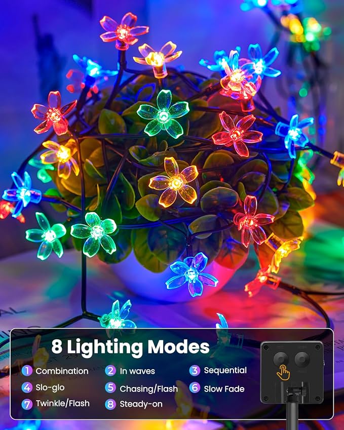 Brightown 60 LED Flower Solar String Lights Outdoor Waterproof Fairy Lights | 8 Lighting Modes & Waterproof Outdoor Lights for Garden Yard Fence Patio Christmas Tree Wedding Party Decor, Multicolor