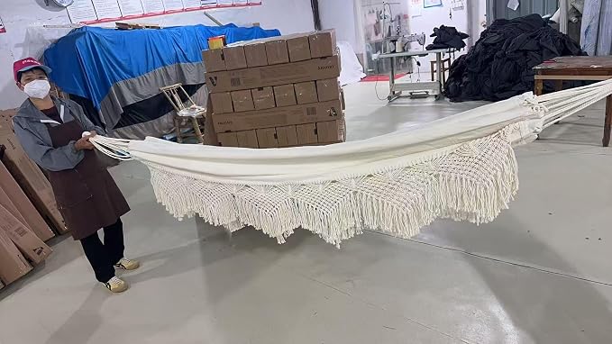 Macrame Double Hammock with Heart Motif, 79 x 59 in (200 x 150 cm) – 2-Person Boho Fabric Hammock, Ropes & 2 S-Hooks Included, Indoor/Outdoor Patio Porch Garden Beach Décor (Beige)