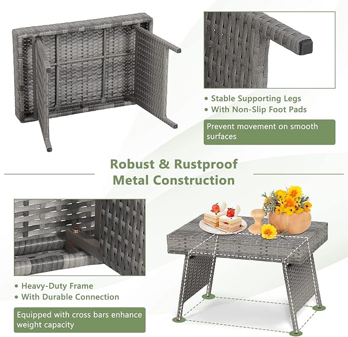 Tangkula Outdoor Folding Rattan Side Table, Rectangular Wicker End Table for Outdoor Furniture, Wicker Coffee Table for Patio Poolside Lawn Garden Patio, Mix Grey