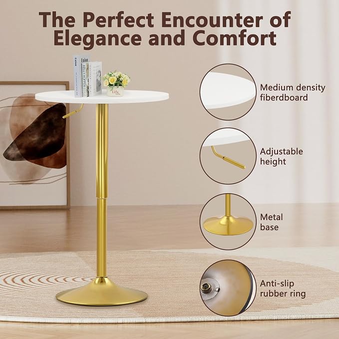 CLATINA Round Bar Pub Tables Set of 4, 26"-36" Height Adjustable Bistro Table with Gold Base, 360° Swivel High Top Cocktail Table for Home Kitchen Party Drink Restaurant Wedding Cafe Reception, White