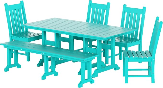 WestinTrends Malibu 6 Piece Outdoor Dining Set with Bench, All Weather Poly Lumber Patio Table and Chairs Set, 71" Trestle Dining Table with Umbrella Hole, 5 Patio Chairs with Bench, Turquoise
