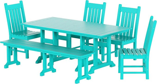 WestinTrends Malibu 6 Piece Outdoor Dining Set with Bench, All Weather Poly Lumber Patio Table and Chairs Set, 71" Trestle Dining Table with Umbrella Hole, 5 Patio Chairs with Bench, Turquoise
