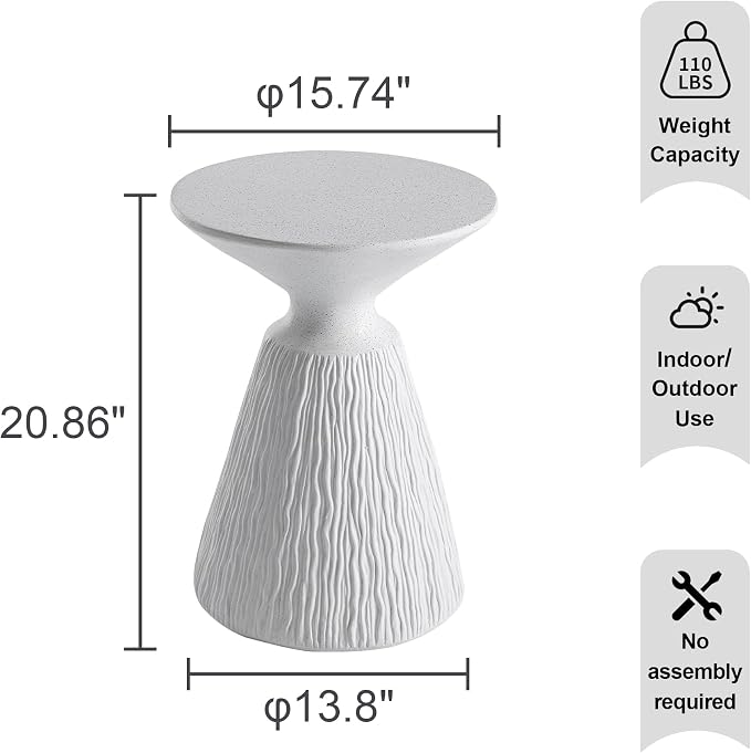 HOMPUS Outdoor Side Table, Mushroom Shaped MgO End Table, Lightweight Concrete Accent Table, Patio Coffee Table, Modern Vintage Small Garden Table Unique Plant Stand for Indoor Outdoor Use, White