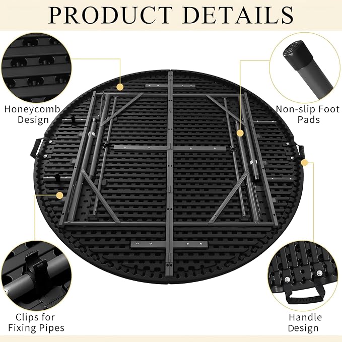 5 FT Round Folding Tables with Carrying Handle 60 inch Heavy Duty Portable Plastic Commercial Table Steel Legs for Party, Dining, Wedding, Events, Picnic Indoor, Outdoor (Black,1 Pack)