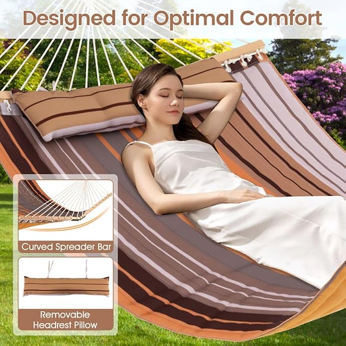 Portable Brown Beech Wood Foldable Hammock with Detachable Pillow for Patio/Balcony 55.5x75in, 265lb Capacity Stylish