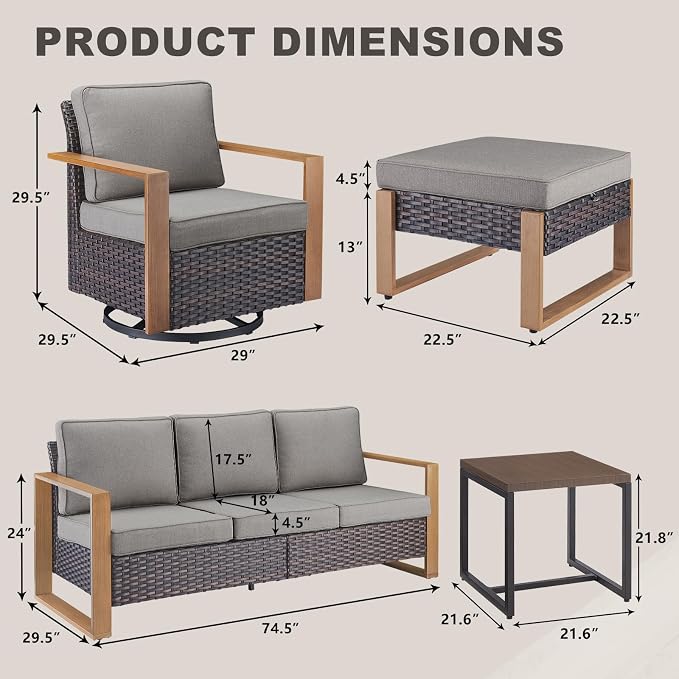 Rilyson Outdoor Wicker Patio Furniture Set - 8 Piece Patio Conversation Set with 4 Wicker Swivel Rocker Chairs,2 Rattan Ottoman 1 Side Table and 1 Couch,Thick Cushions,Deep Seating(Brown/Grey)