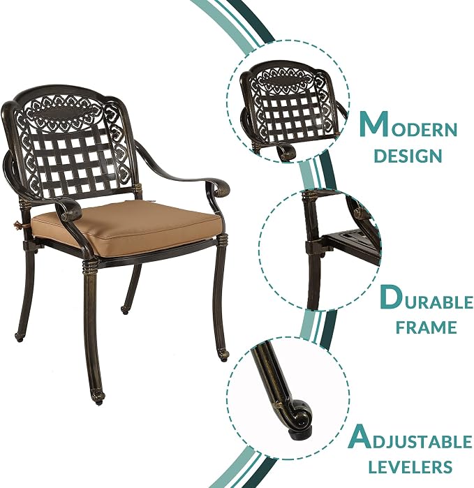 MEETWARM 3 Piece Patio Bistro Set, Outdoor All-Weather Cast Aluminum Dining Furniture Set Includes 2 Chairs with Cushions and a 35.4” Round Table with Umbrella Hole for Garden Deck