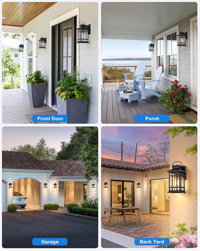 Exterior Lighting Fixtures, Black Porch Lights Outdoor with Gold Trim, Dusk to Dawn Porch Light with Seeded Glass, Aluminum Anti-Rust Waterproof Outdoor Wall Lantern for Houae, Garage, Doorway