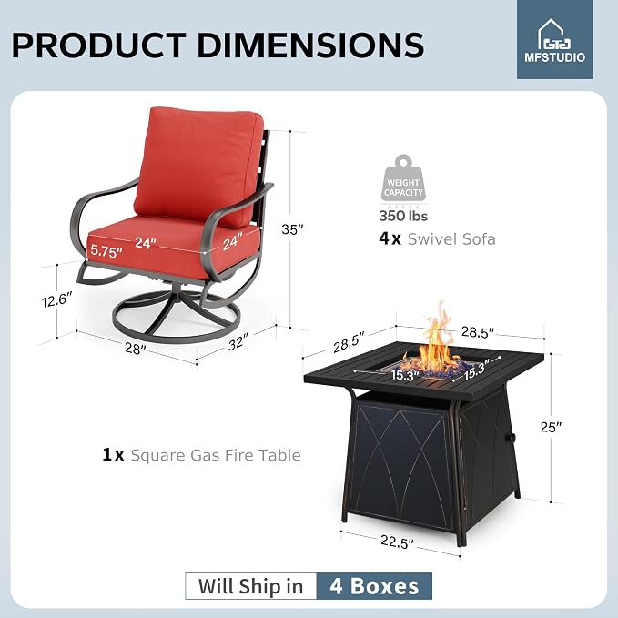 MFSTUDIO 5 Pieces Patio Conversation Sets, Outdoor Metal Furniture Sofas with 1 x 28 Square Propane Gas Fire Pit Table and 4 x Steel Frame Patio Sofa Swivel Chairs with Burgundy Red Cushion
