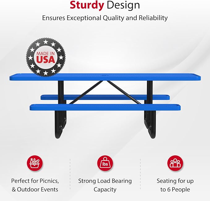 Leisure Craft Metal Picnic Table with Bench - 8 ft Rectangle Outdoor Dining Table with Umbrella Hole, Heavy Duty Thermoplastic Coating, ADA Compliant, Commercial Grade Furniture Made in USA - Blue