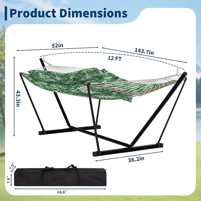 2 Person Outdoor Hammock with Stand, 450LBS Capacity, Heavy Duty Hammock with Carrying Bag & Soft Pillow, Portable Indoor Outdoor Hammock, Perfect for Backyard Patio Beach